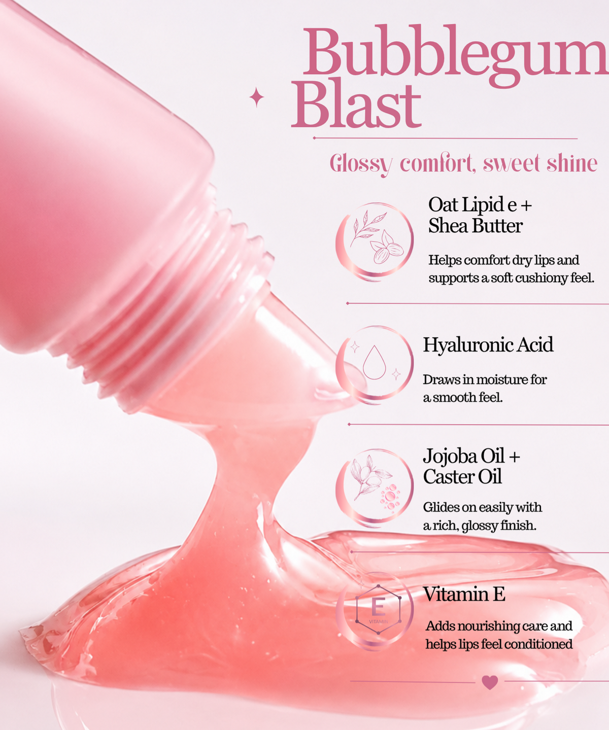 Pink Bubblegum Blast lip balm shown as a glossy translucent gel being poured from a pink bottle, with text callouts highlighting ingredients like oat lipid e, shea butter, hyaluronic acid, jojoba oil, caster oil, and vitamin E on a white background.