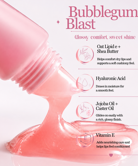 Pink Bubblegum Blast lip balm shown as a glossy translucent gel being poured from a pink bottle, with text callouts highlighting ingredients like oat lipid e, shea butter, hyaluronic acid, jojoba oil, caster oil, and vitamin E on a white background.