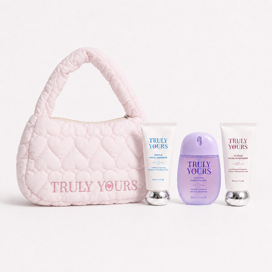 Little Care Set kids skincare gift set with mini cleanser, moisturizer, hydration mist, and Truly Yours handbag in blue, pink, and yellow
