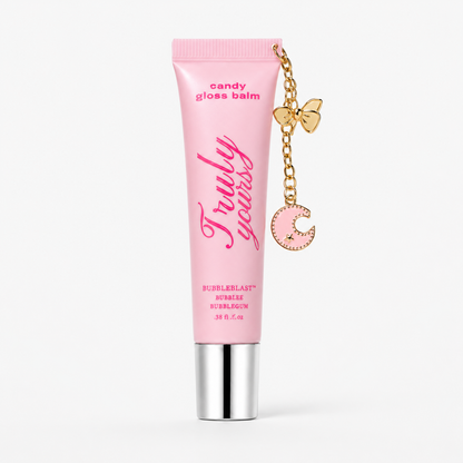 Truly Yours Bubblegum Blast, featuring a gold butterfly and moon charm, set against a clean white background.