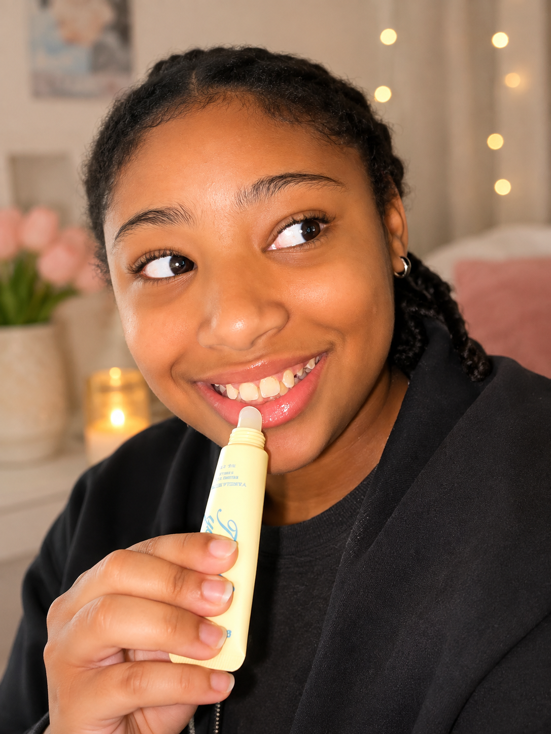 A smiling girl holding a Truly Yours Vanilla Butter lip balm tube with blue lettering, set against a softly blurred indoor background with warm lights and pink flowers.